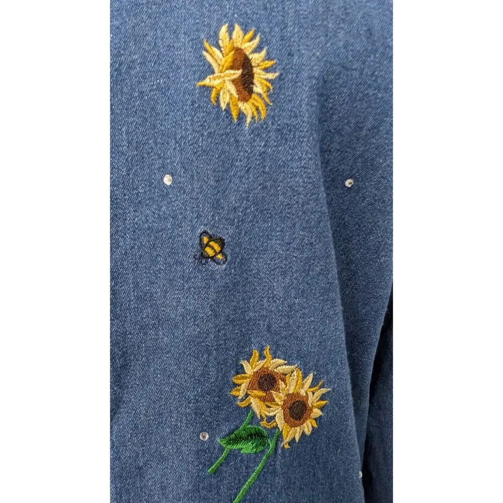 Quaker Factory Denim Jacket Embroidered Sunflowers And Bees Medium - Picture 4 of 12